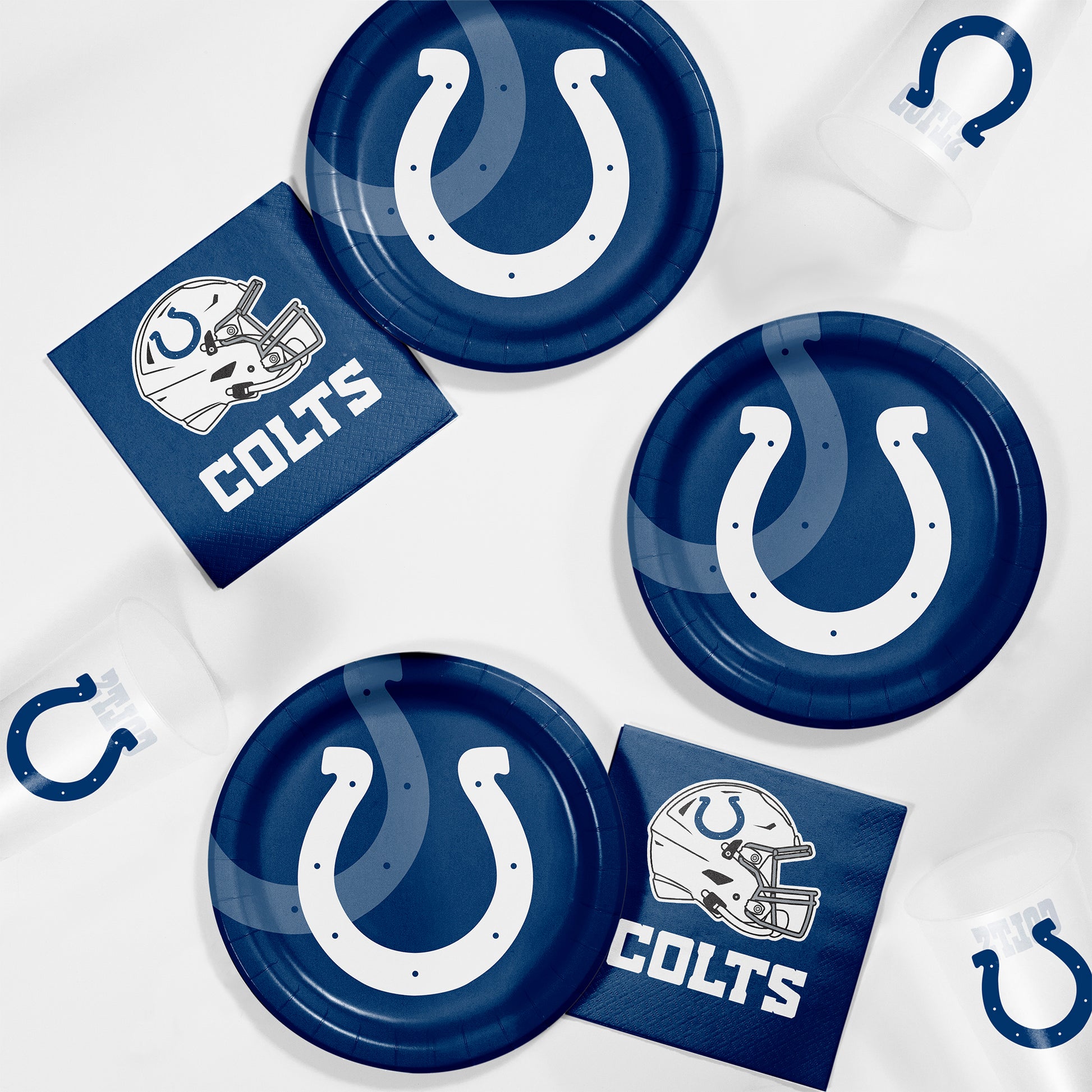 Indianapolis Colts-themed paper plates and napkins on a white background