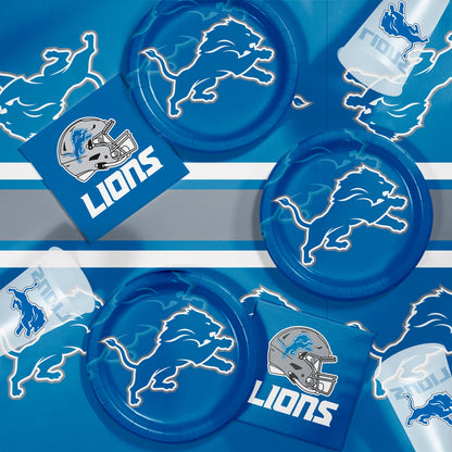 Detroit Lions plates, napkins and cups displayed on a matching tablecloth