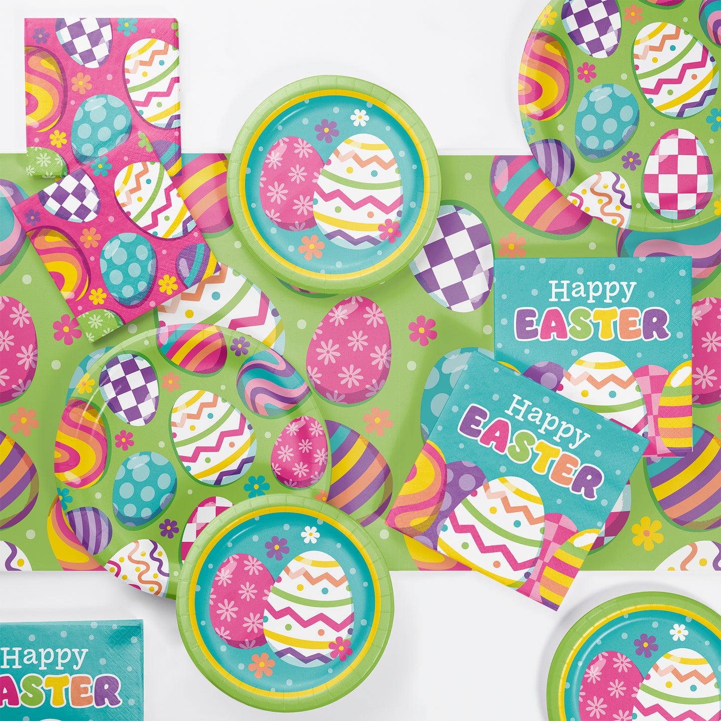 Easter-themed party supplies including plates and napkins with colorful egg designs on a green background.