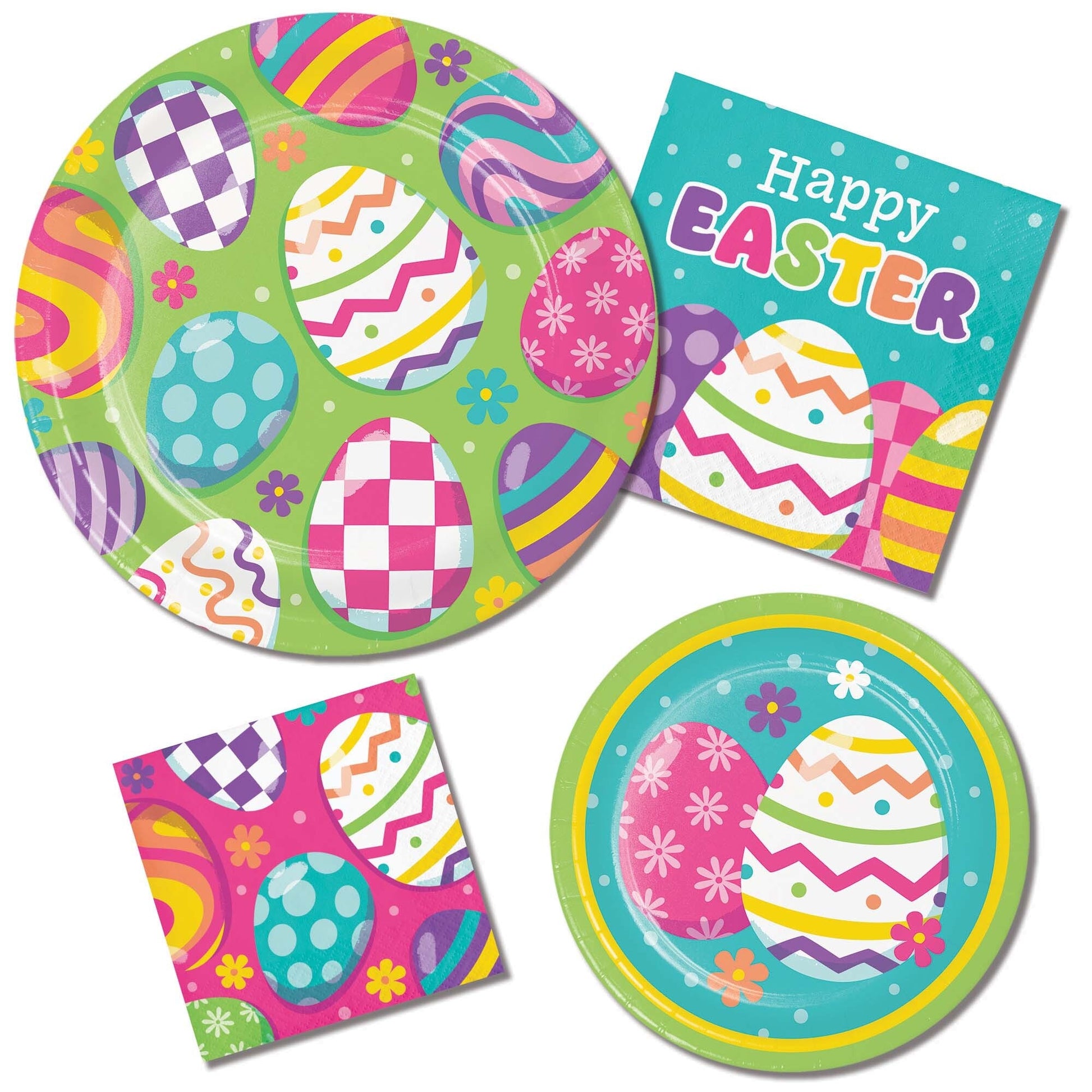 Easter-themed paper plates and napkins with colorful designs on a white background.
