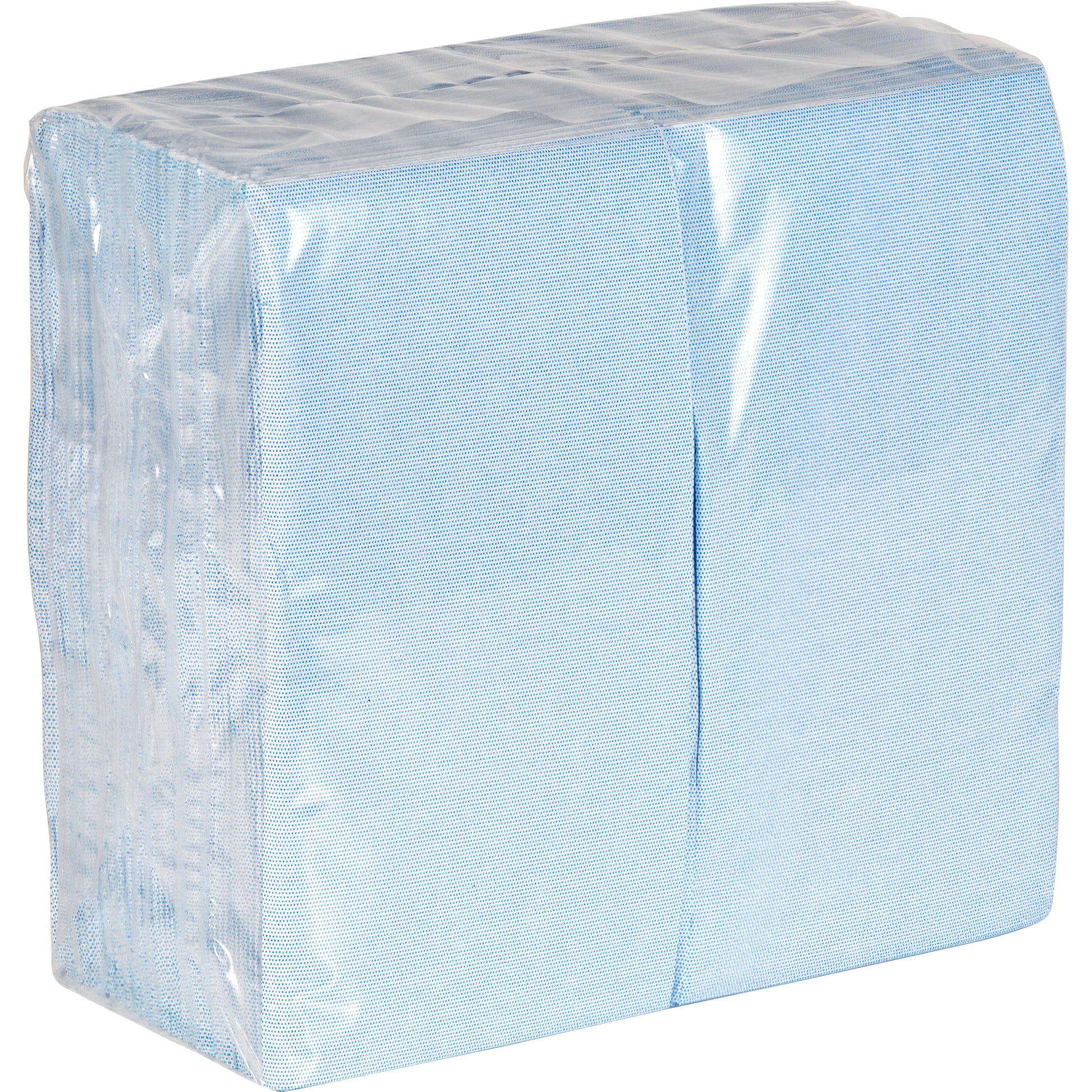 Pack of light blue napkins in clear packaging on a white background