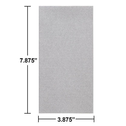 Gray dinner napkin on a white background. Dimensions listed.