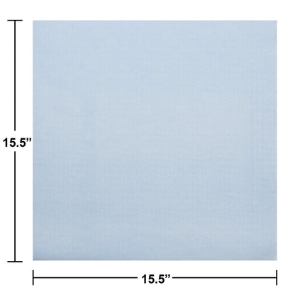 Light blue napkin with dimensions 15.5 inches on each side