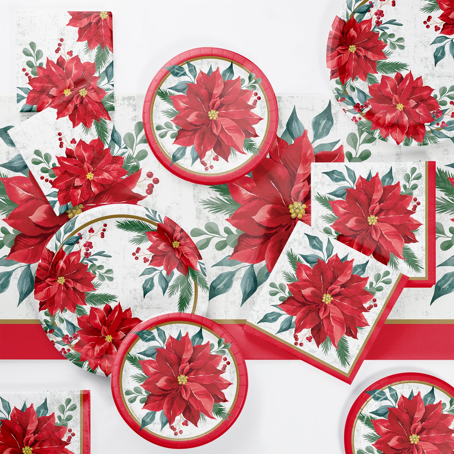 Christmas-themed tableware set with red poinsettia flowers on a white background