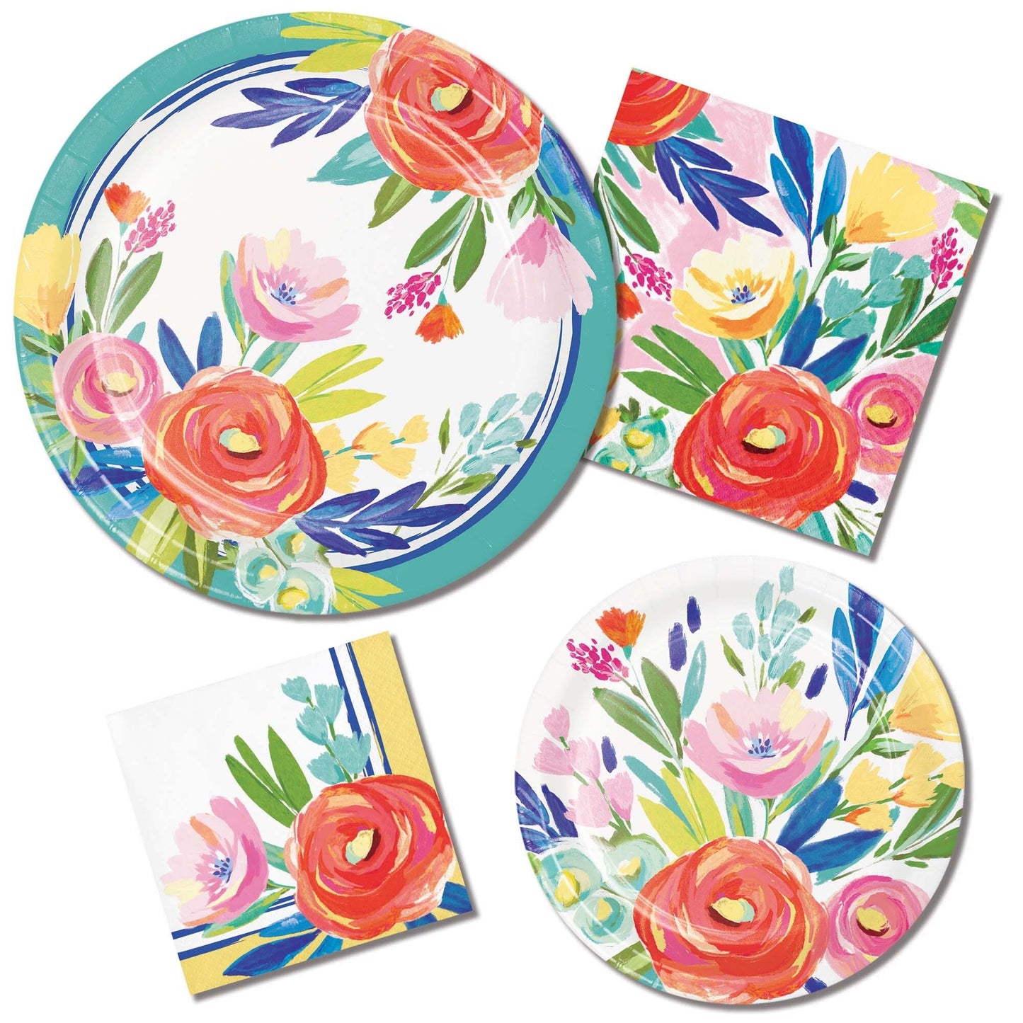 Set of floral plates and napkins with colorful flowers on a white background