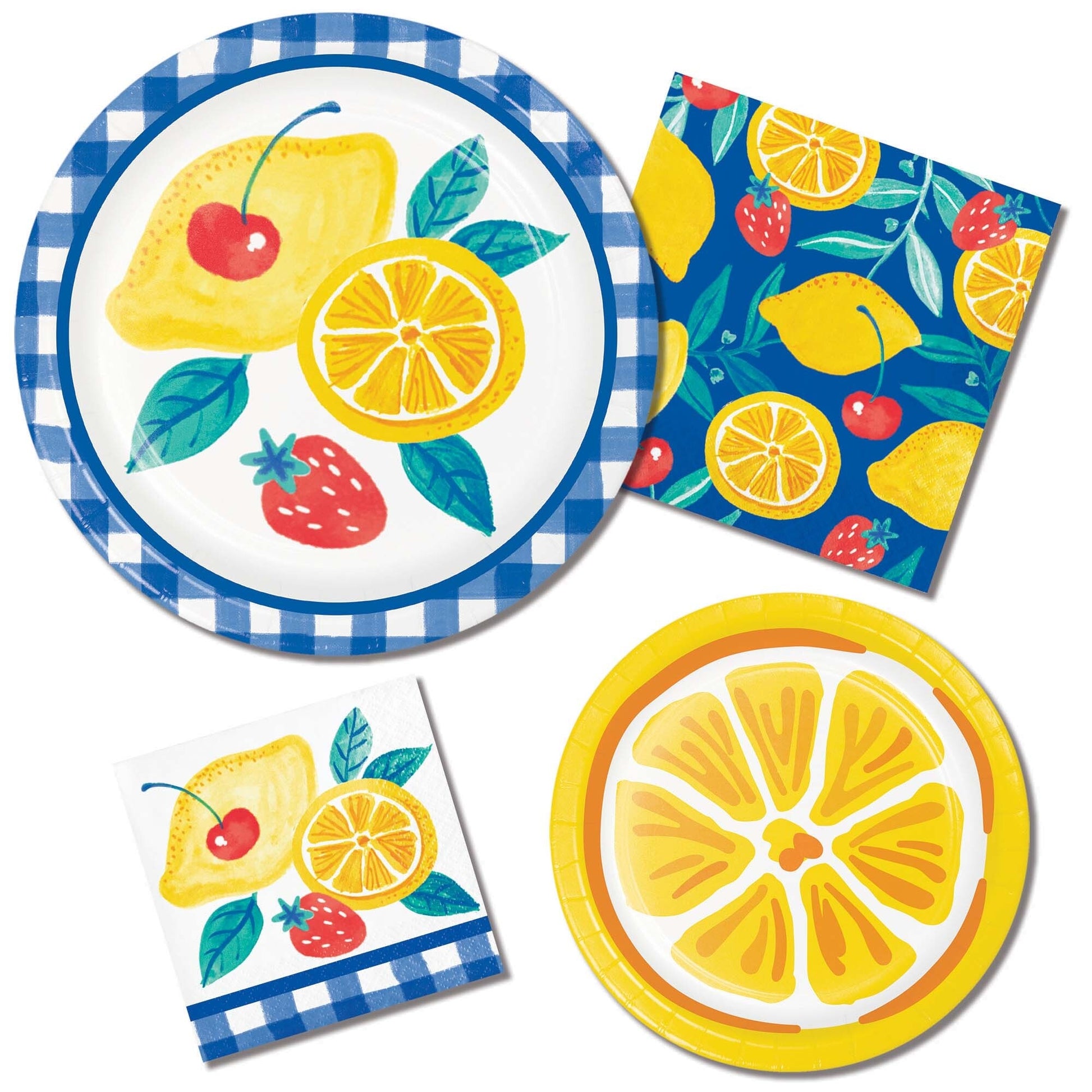 Fruit-themed paper plates and napkins with lemons, strawberries, and cherries on a white background.
