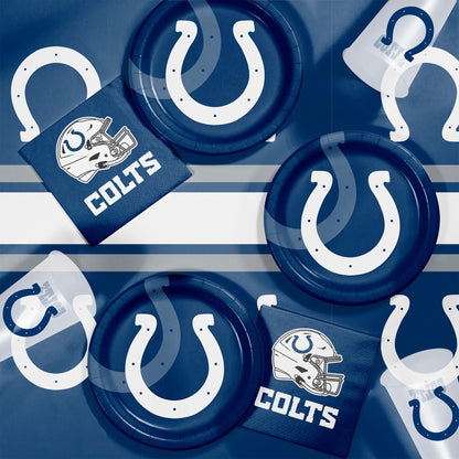 Indianapolis Colts plates, napkins and cups displayed on a matching tablecloth