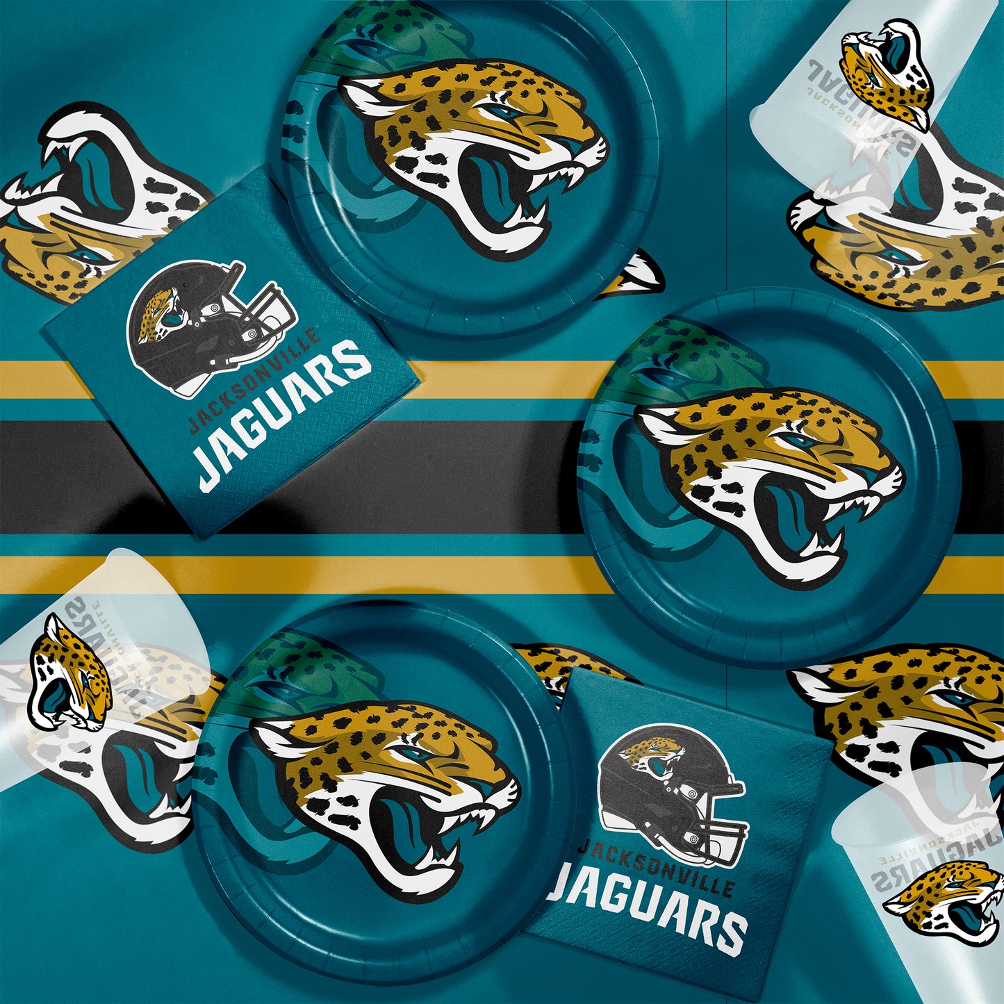 Jacksonville Jaguars plates, napkins and cups displayed on a matching tablecloth