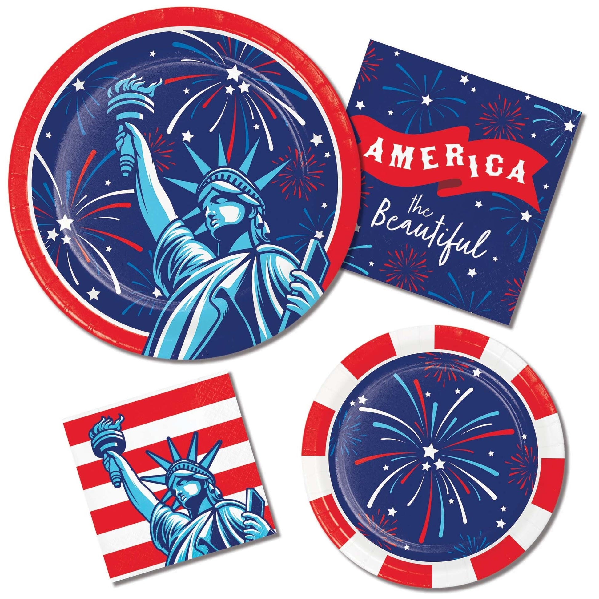 Set of patriotic party supplies with Statue of Liberty and fireworks design on plates and napkins.