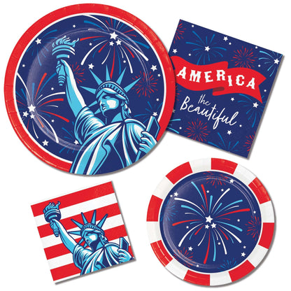 Set of patriotic party supplies with Statue of Liberty and fireworks design on plates and napkins.