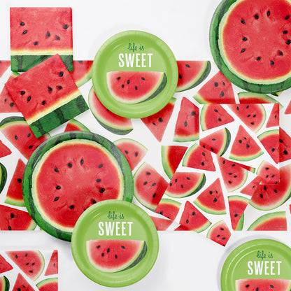 Watermelon slices and plates with 'life is sweet' text on a watermelon tablecloth