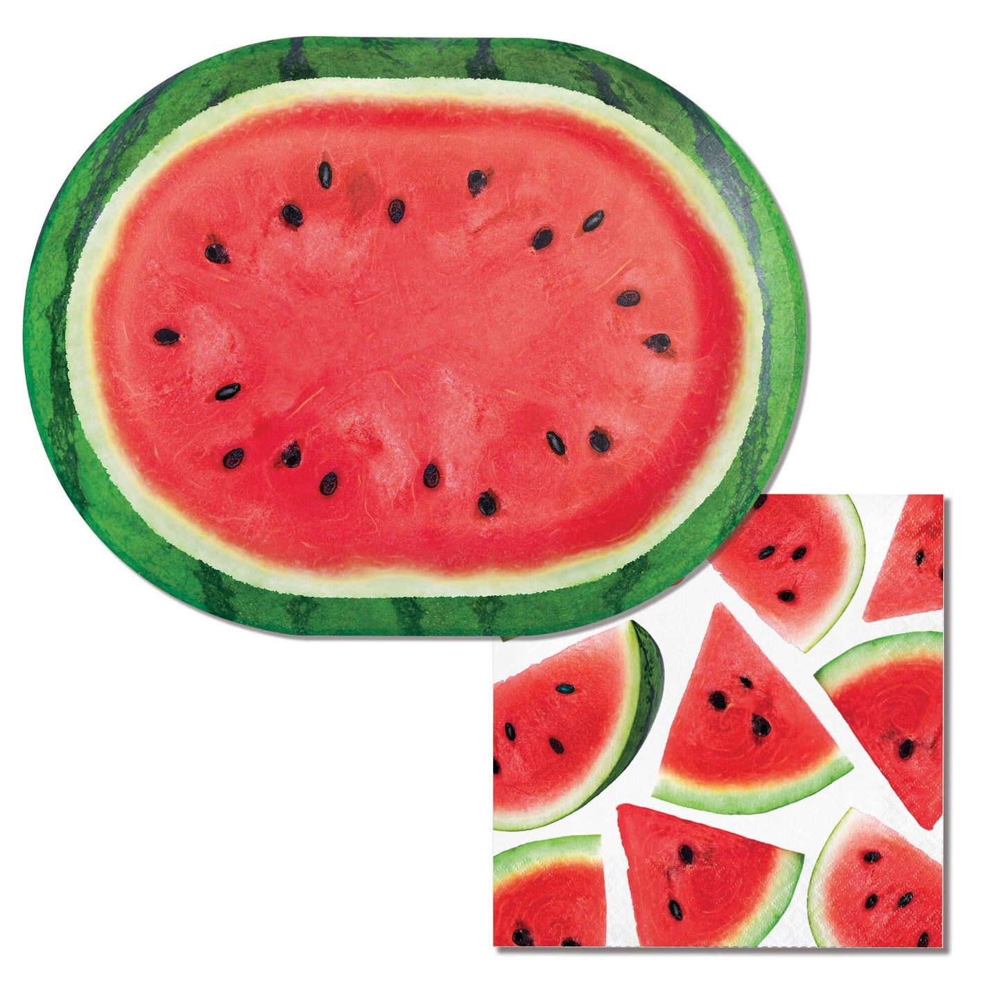 Watermelon-themed paper plate and napkin on a white background