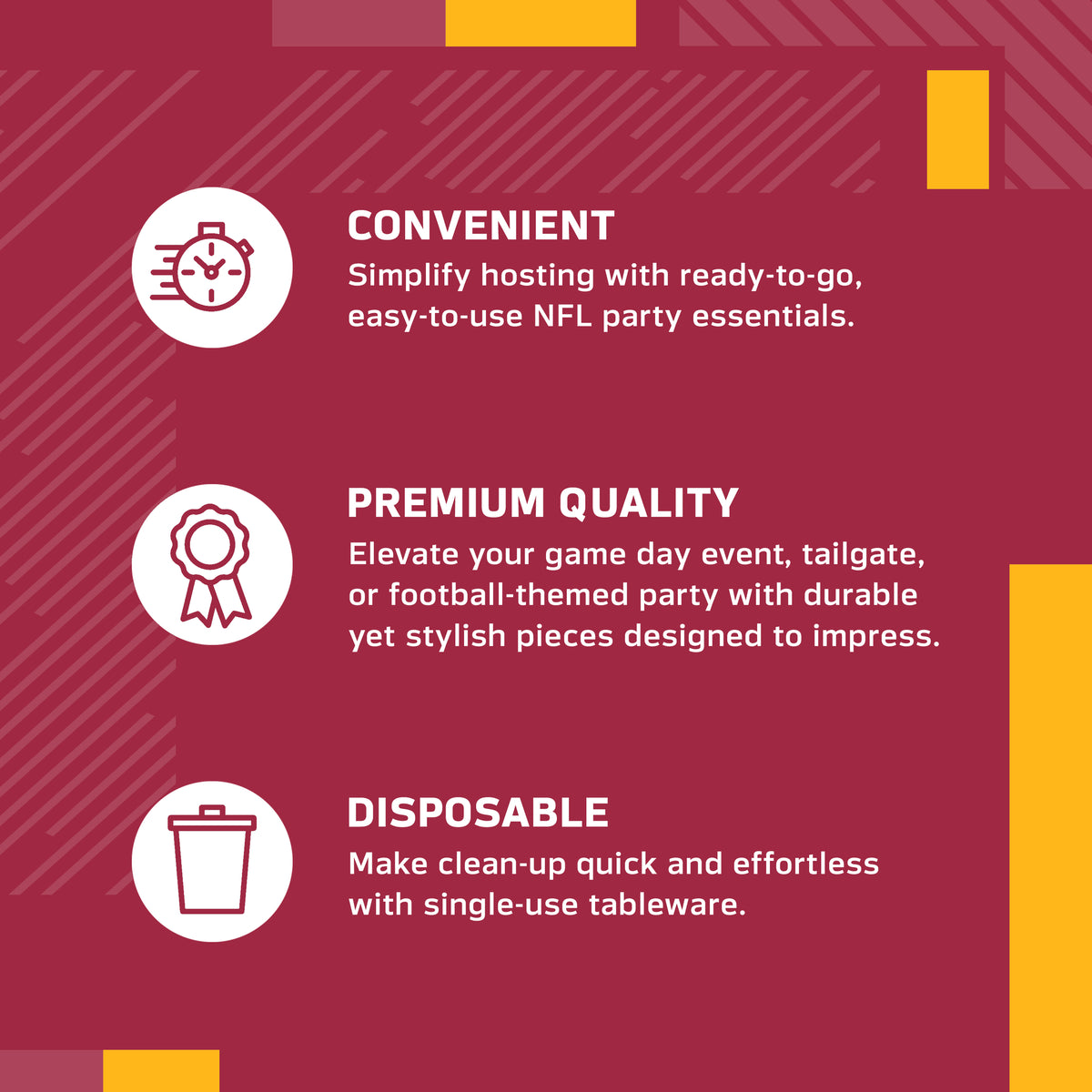 An informational graphic with three benefit callouts on a dark red background: Convenient, Premium Quality, and Disposable, each with a white icon and descriptive text.