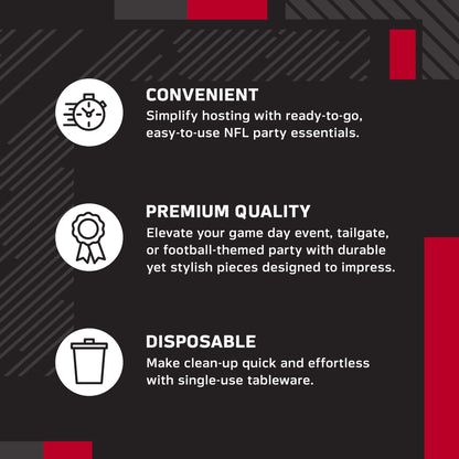 Promotional graphic with three feature callouts on a dark background: convenient ready-to-go NFL party essentials, premium quality durable pieces, and disposable single-use tableware.