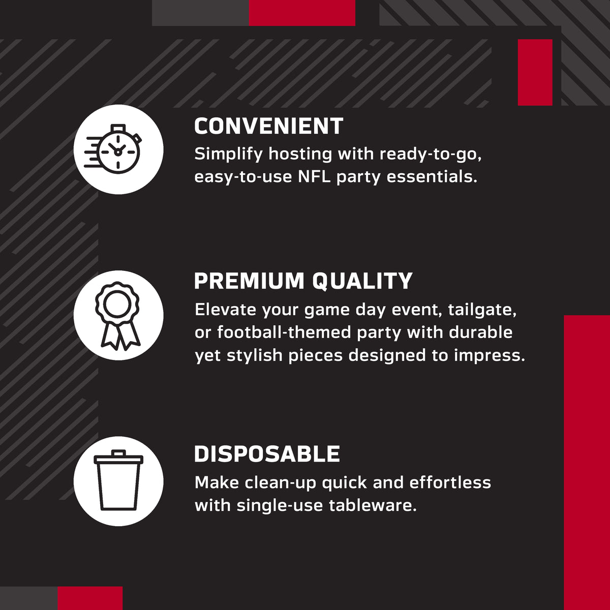 Promotional graphic with three feature callouts on a dark background: convenient ready-to-go NFL party essentials, premium quality durable pieces, and disposable single-use tableware.