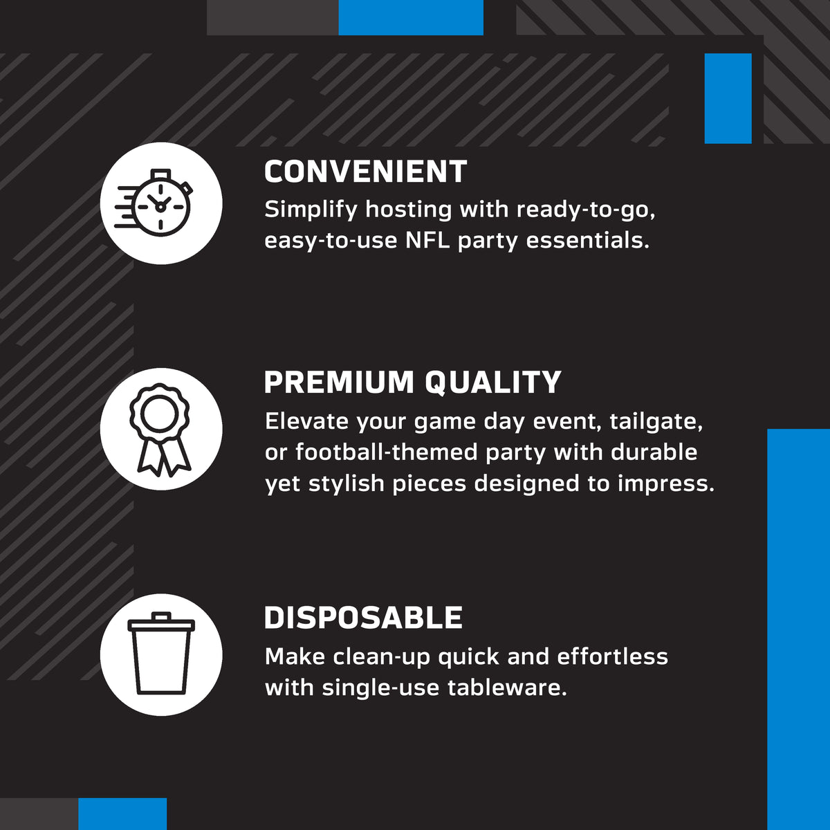 An infographic-style promotional graphic on a black background with white text and icons. It reads: 'CONVENIENT' with a speed clock icon, 'PREMIUM QUALITY' with a ribbon icon, and 'DISPOSABLE' with a trash can icon.
