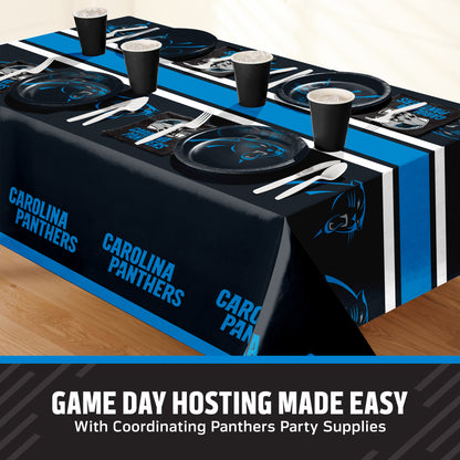 Carolina Panthers tablescape with tablecloth, napkins, and plates as well as white cutlery and black cups. A banner at the bottom features text that says "Game Day Hosting Made Easy".