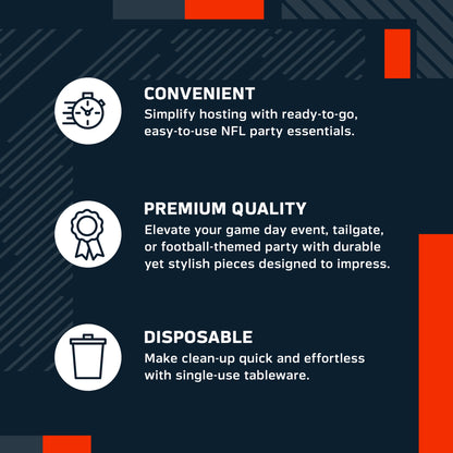 An infographic-style promotional graphic on a navy background with white text and icons. It reads: 'CONVENIENT' with a speed clock icon, 'PREMIUM QUALITY' with a ribbon icon, and 'DISPOSABLE' with a trash can icon.