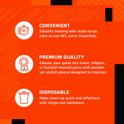 An infographic-style promotional graphic on an orange background with white text and icons. It reads: 'CONVENIENT' with a speed clock icon, 'PREMIUM QUALITY' with a ribbon icon, and 'DISPOSABLE' with a trash can icon.