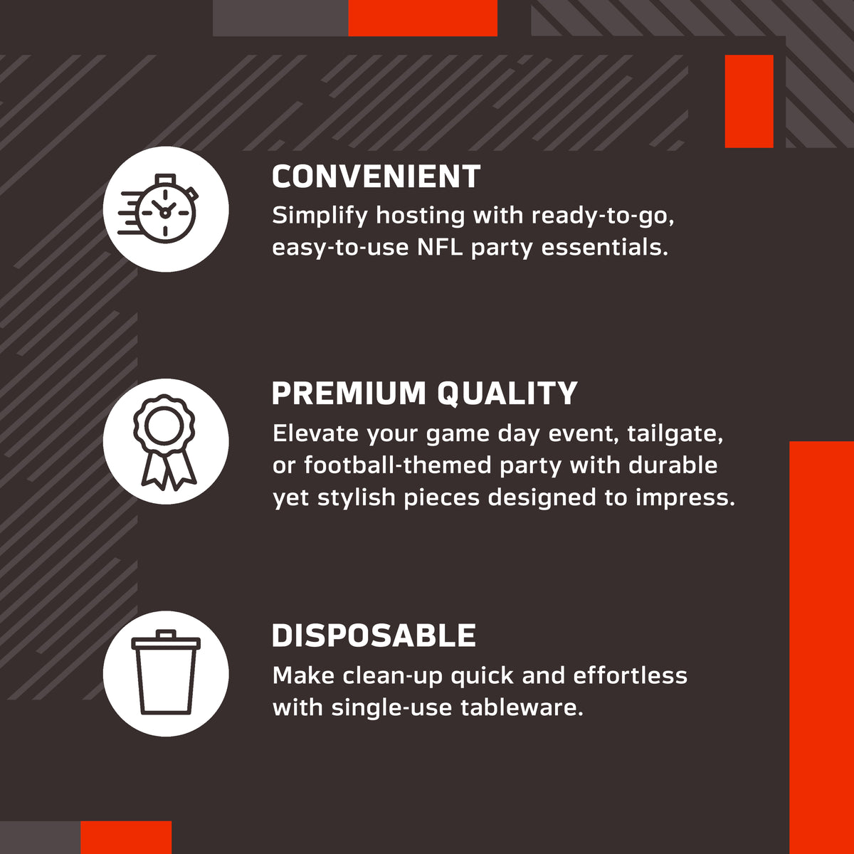 An infographic-style promotional graphic on an brown background with white text and icons. It reads: 'CONVENIENT' with a speed clock icon, 'PREMIUM QUALITY' with a ribbon icon, and 'DISPOSABLE' with a trash can icon.