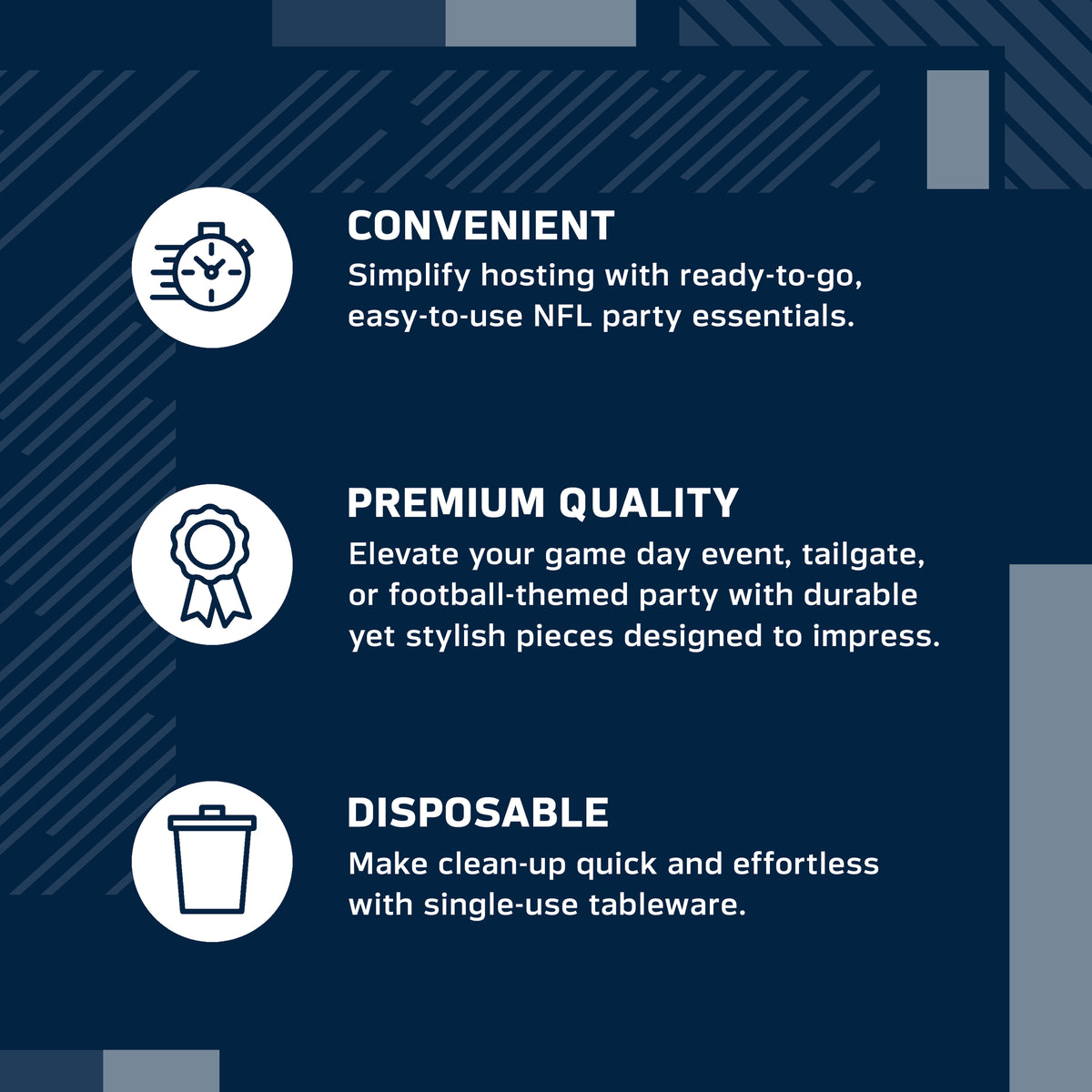 An infographic-style promotional graphic on a navy blue background with white text and icons. It reads: 'CONVENIENT' with a speed clock icon, 'PREMIUM QUALITY' with a ribbon icon, and 'DISPOSABLE' with a trash can icon.