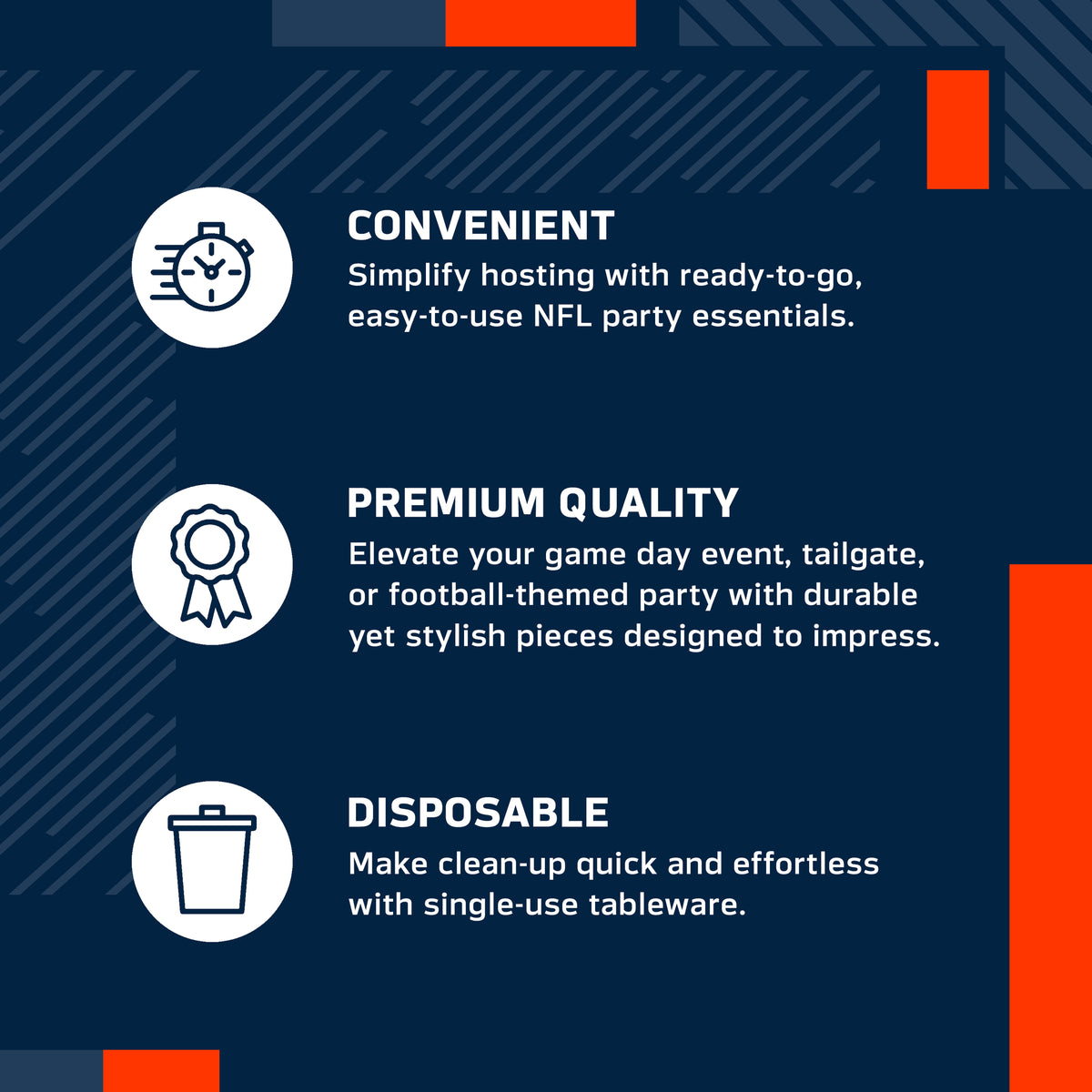An infographic-style promotional graphic on a navy blue background with white text and icons. It reads: 'CONVENIENT' with a speed clock icon, 'PREMIUM QUALITY' with a ribbon icon, and 'DISPOSABLE' with a trash can icon.