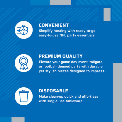 An infographic-style promotional graphic on a blue background with white text and icons. It reads: 'CONVENIENT' with a speed clock icon, 'PREMIUM QUALITY' with a ribbon icon, and 'DISPOSABLE' with a trash can icon.