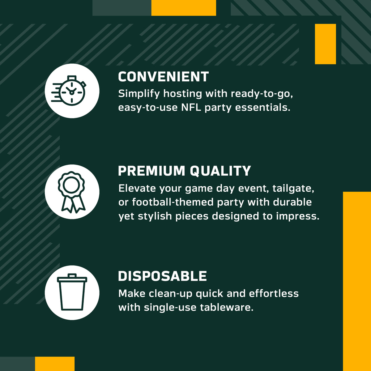 An infographic-style promotional graphic on a dark green background with white text and icons. It reads: 'CONVENIENT' with a speed clock icon, 'PREMIUM QUALITY' with a ribbon icon, and 'DISPOSABLE' with a trash can icon.