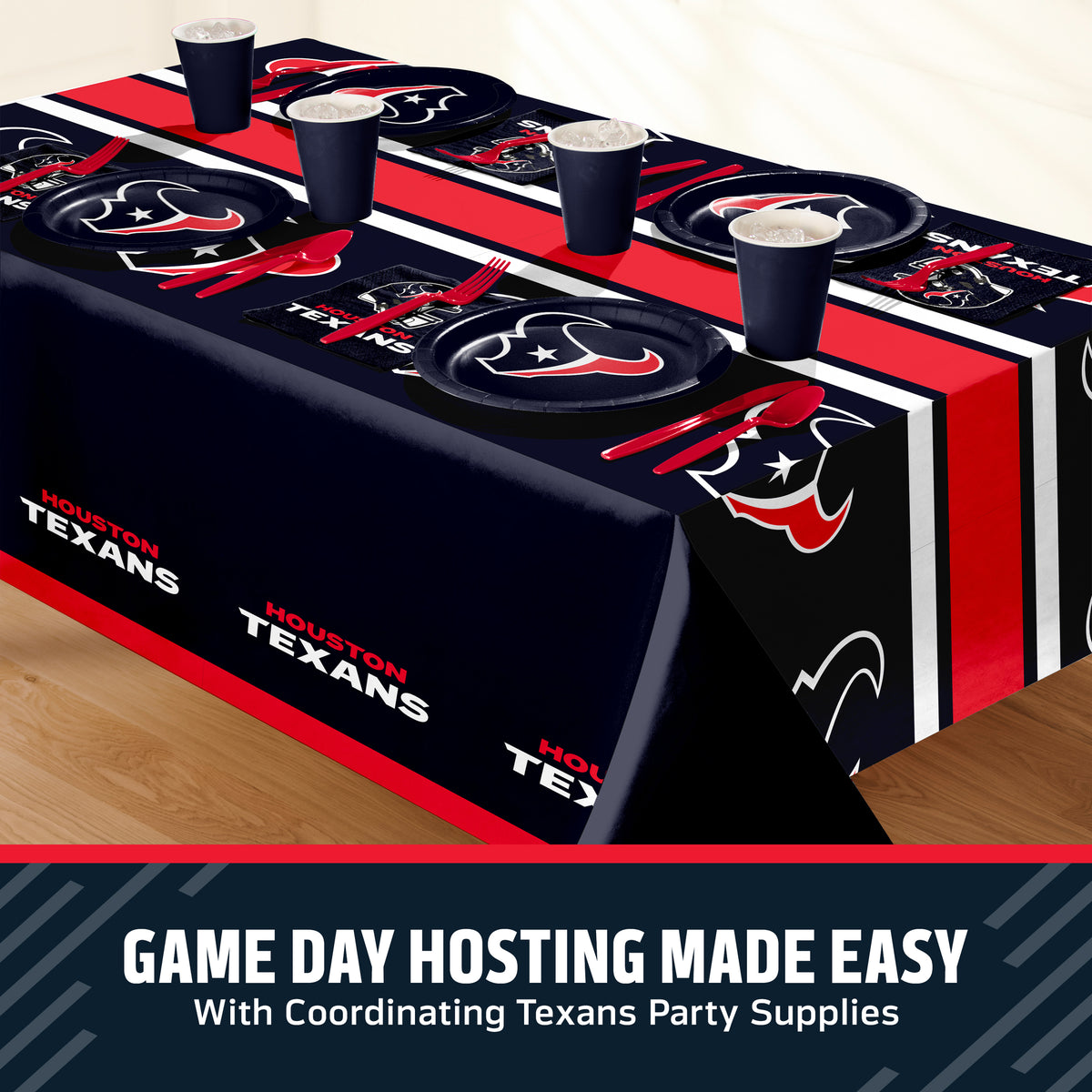 Houston Texans themed party table setting with a printed tablecloth, matching plates, cups, and napkins on a dining table, with a promotional banner at the bottom.