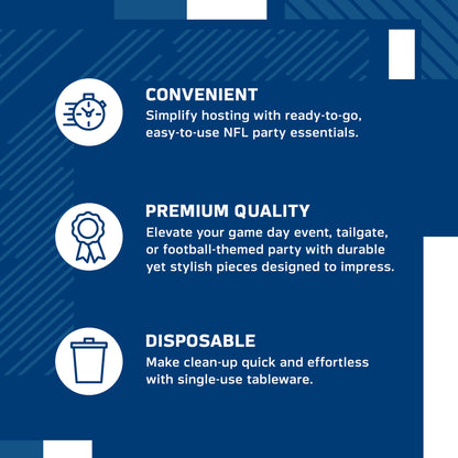 A dark blue promotional graphic with three white circular icons and text highlighting product benefits: convenient ready-to-go NFL party essentials, premium quality durable pieces, and disposable single-use tableware.