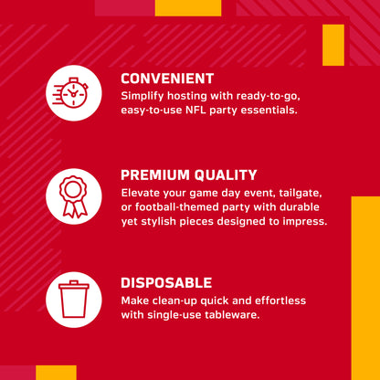 An infographic-style promotional graphic on a red background with white text and icons. It reads: 'CONVENIENT' with a speed clock icon, 'PREMIUM QUALITY' with a ribbon icon, and 'DISPOSABLE' with a trash can icon.