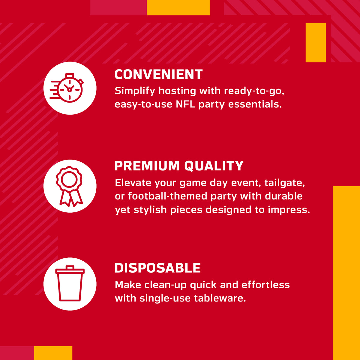 An infographic-style promotional graphic on a red background with white text and icons. It reads: 'CONVENIENT' with a speed clock icon, 'PREMIUM QUALITY' with a ribbon icon, and 'DISPOSABLE' with a trash can icon.