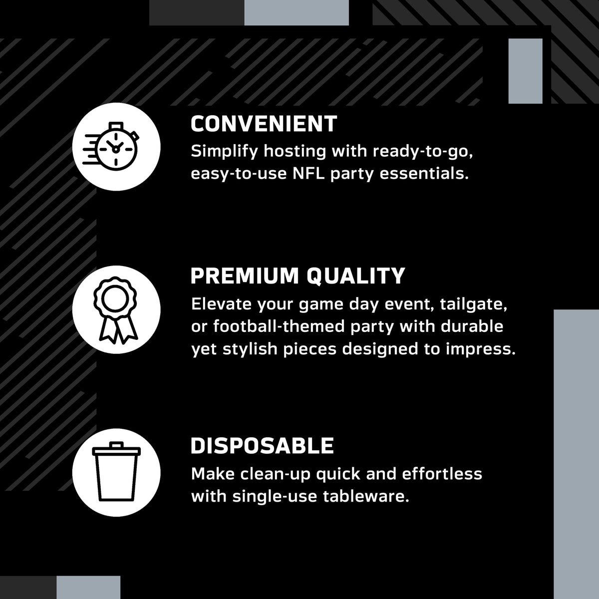 An infographic-style promotional graphic on a black background with white text and icons. It reads: 'CONVENIENT' with a speed clock icon, 'PREMIUM QUALITY' with a ribbon icon, and 'DISPOSABLE' with a trash can icon.