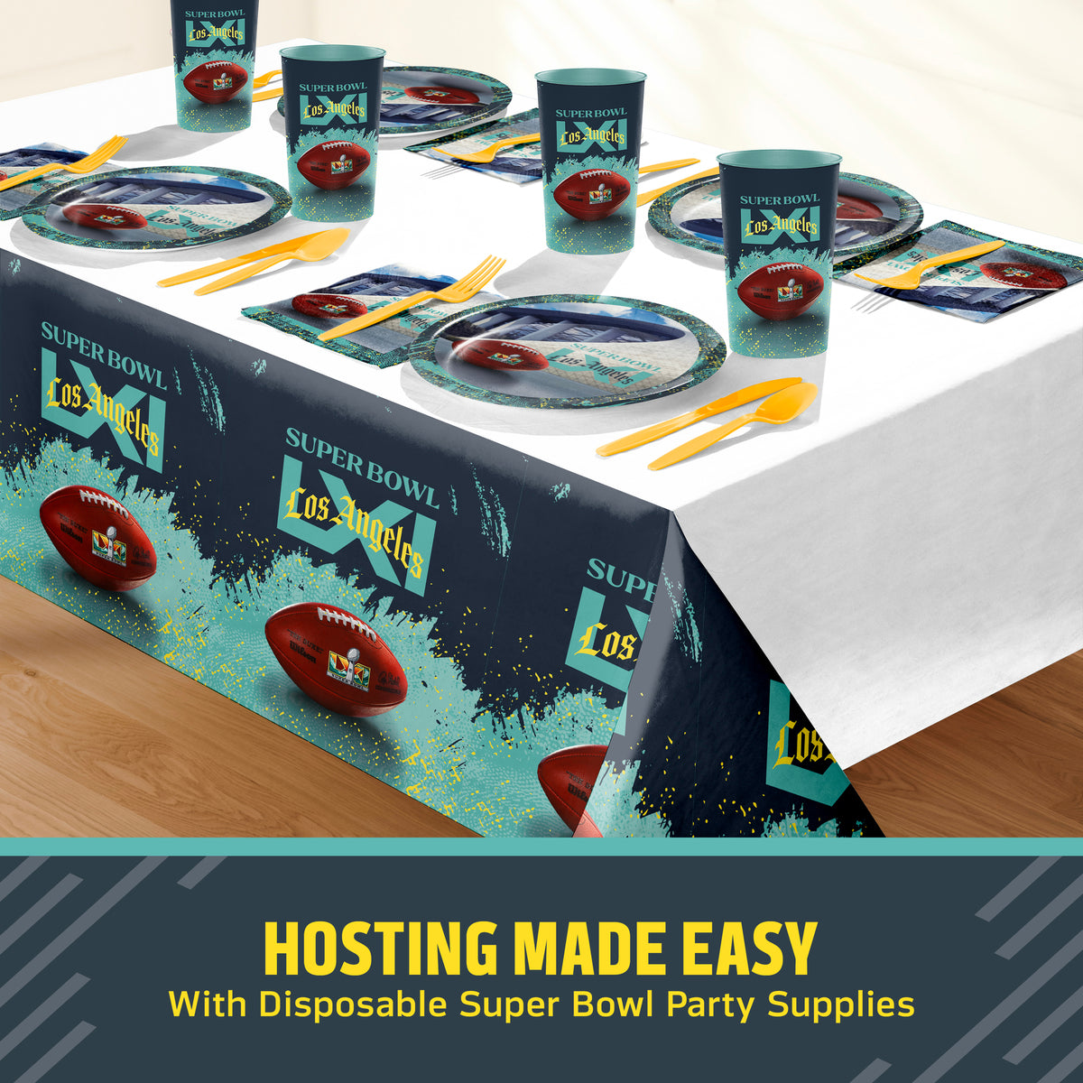 NFL Super Bowl LXI themed party table setting with a printed tablecloth, matching plates, cups, and utensils, shown on a table with a promotional banner at the bottom that says "Hosting Made Easy".