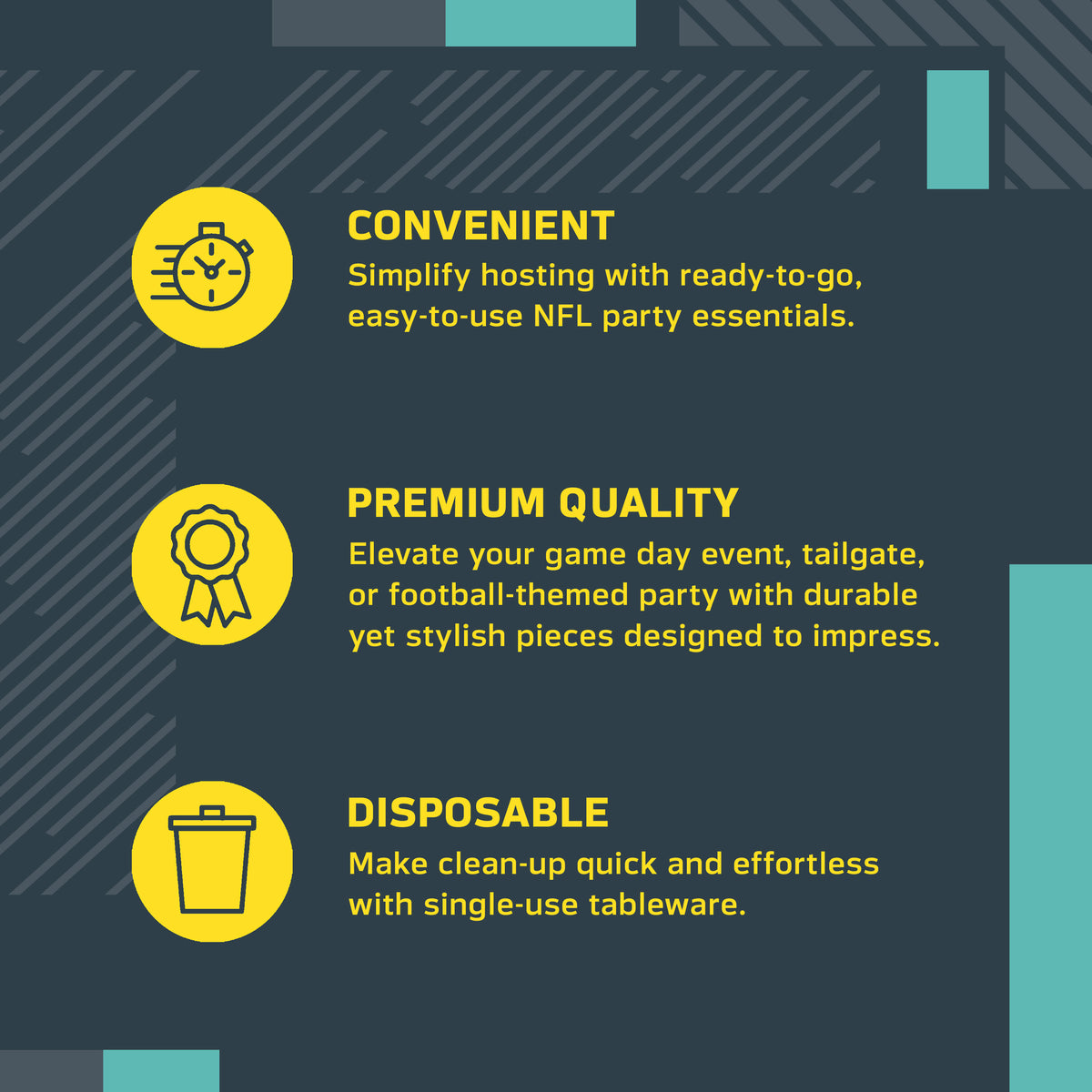 An infographic-style promotional graphic on a gray background with yellow text and icons. It reads: 'CONVENIENT' with a speed clock icon, 'PREMIUM QUALITY' with a ribbon icon, and 'DISPOSABLE' with a trash can icon.