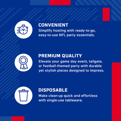 An infographic-style promotional graphic on a bright blue background with white text and icons. It reads: 'CONVENIENT' with a speed clock icon, 'PREMIUM QUALITY' with a ribbon icon, and 'DISPOSABLE' with a trash can icon.