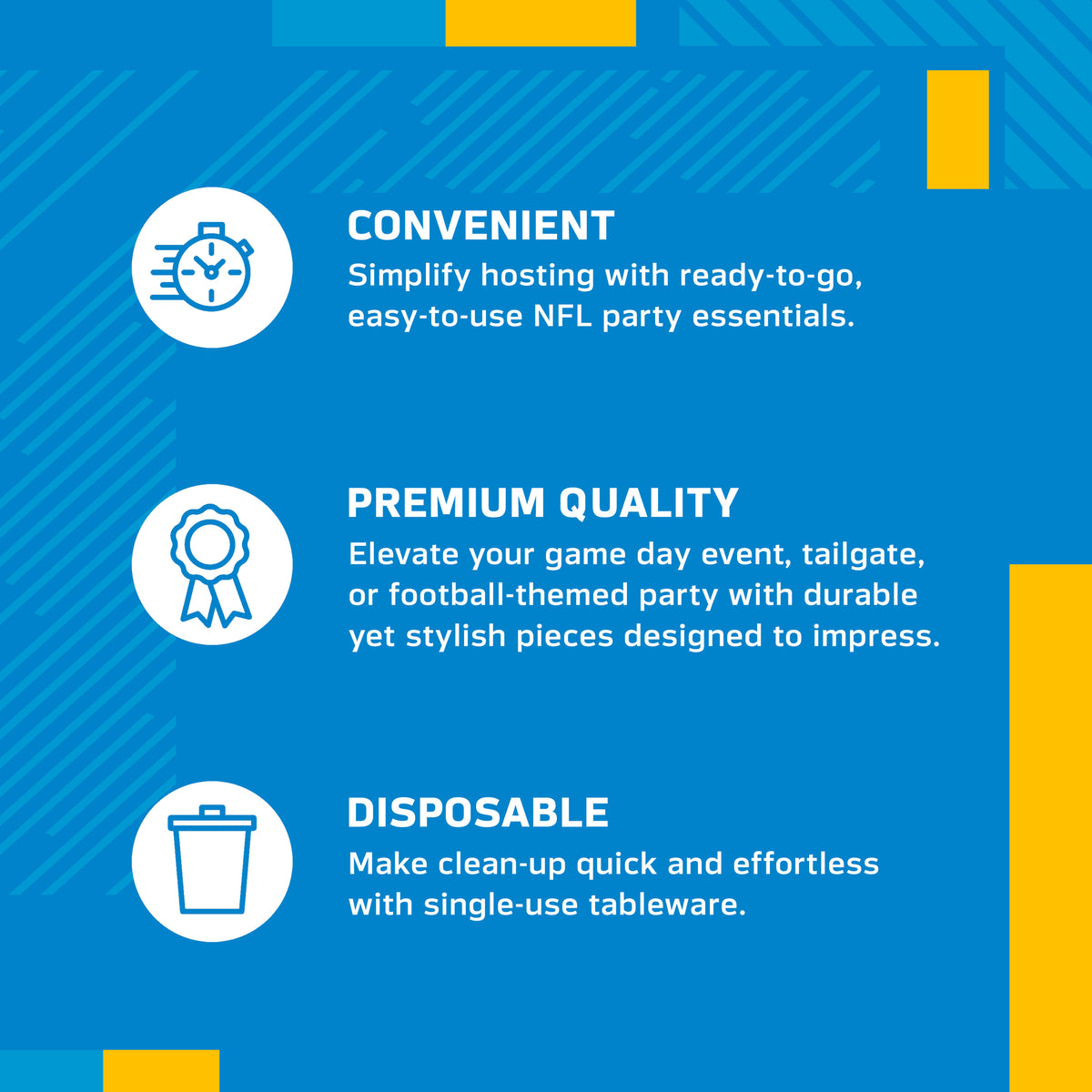 An infographic-style promotional graphic on a blue background with white text and icons. It reads: 'CONVENIENT' with a speed clock icon, 'PREMIUM QUALITY' with a ribbon icon, and 'DISPOSABLE' with a trash can icon.