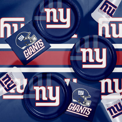 New York Giants plates, napkins and cups displayed on a matching tablecloth