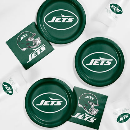 Green 'Jets' branded paper plates and napkins on a white background