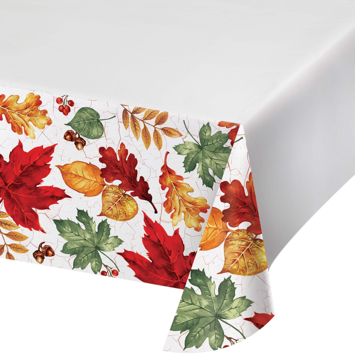 Autumn Air Paper Tablecloths 12 ct. Paper tablecloth with autumn leaf pattern on a white background