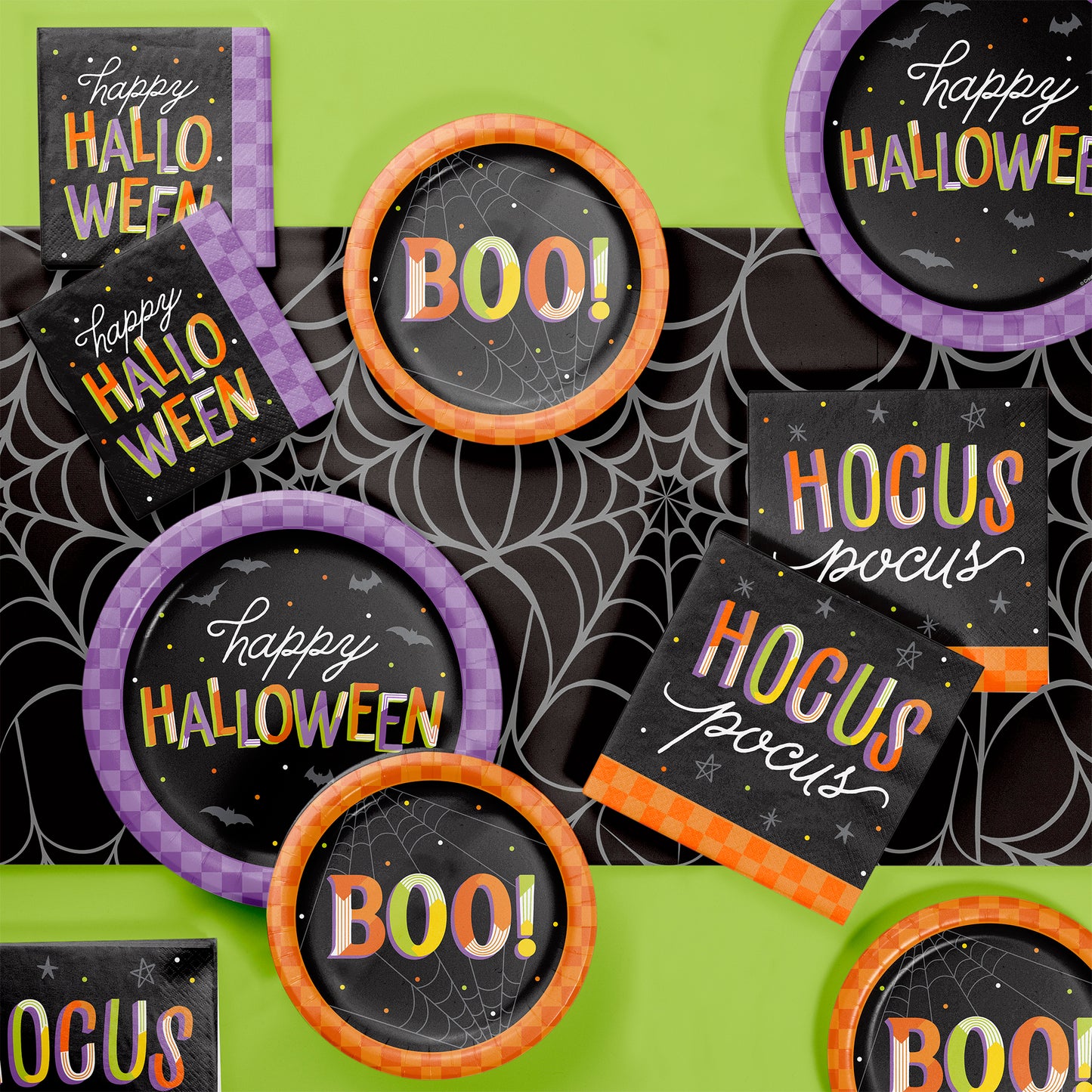 Retro Halloween Hocus Pocus Luncheon Napkins 192 ct. Halloween-themed decorations with 'Happy Halloween' and 'BOO!' text on a green background.