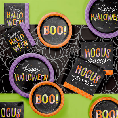 Retro Halloween Hocus Pocus Luncheon Napkins 192 ct. Halloween-themed decorations with 'Happy Halloween' and 'BOO!' text on a green background.