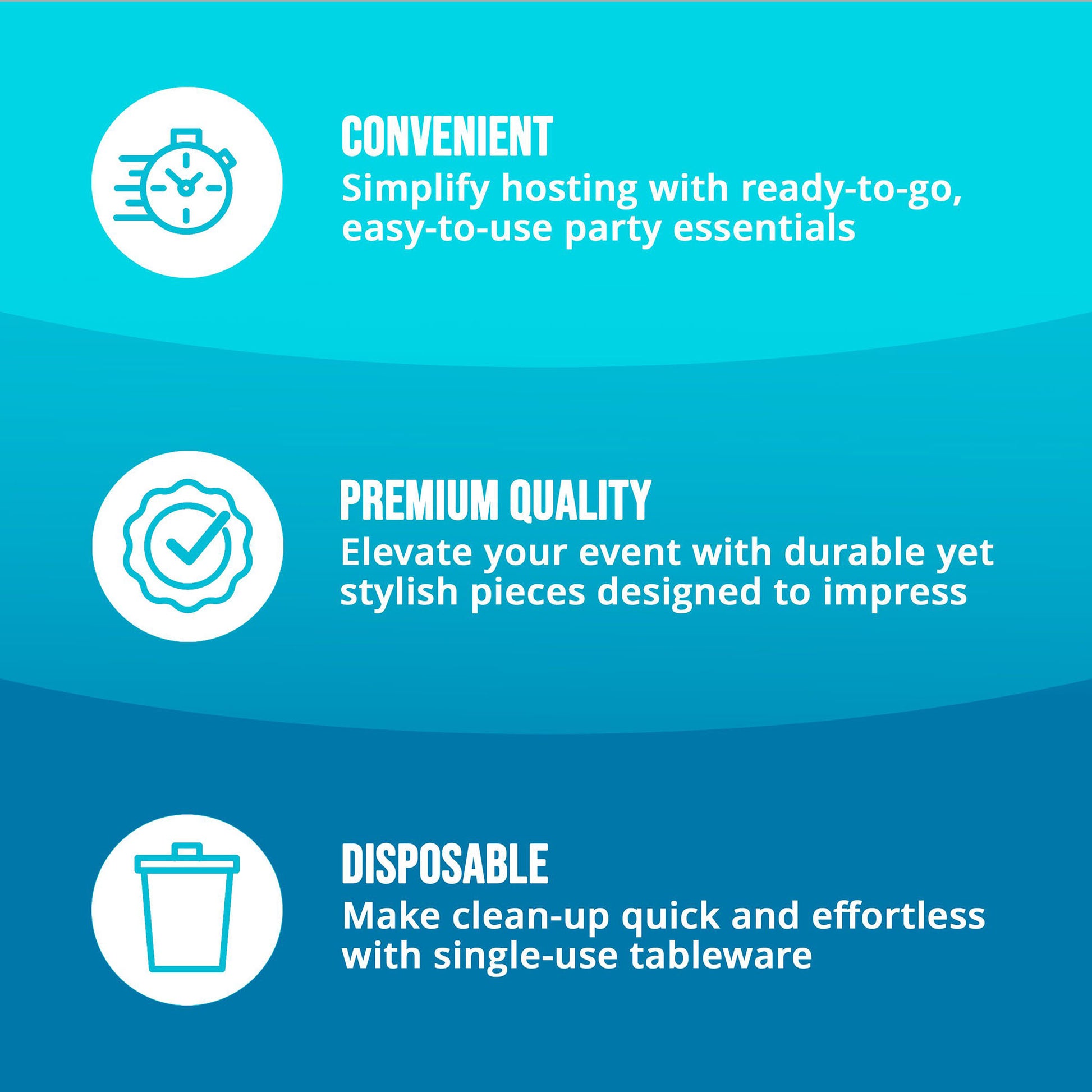 Three key points about party supplies including convenience, premium quality, and disposable on a blue background with icons and text.