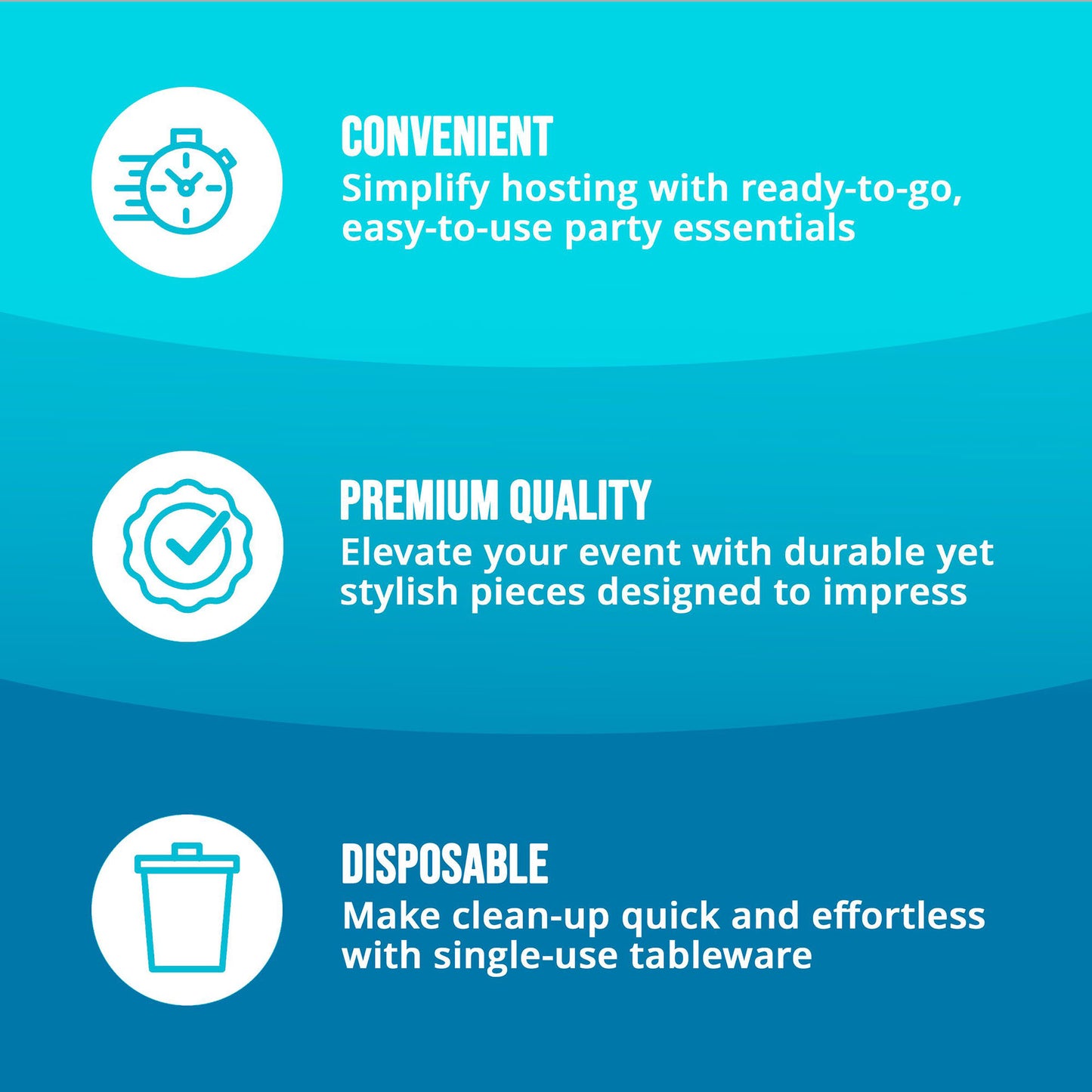 Three key points about party supplies about convenience, premium quality, and disposability on a blue background with icons and text.