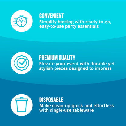 Three key points about party supplies about convenience, premium quality, and disposability on a blue background with icons and text.