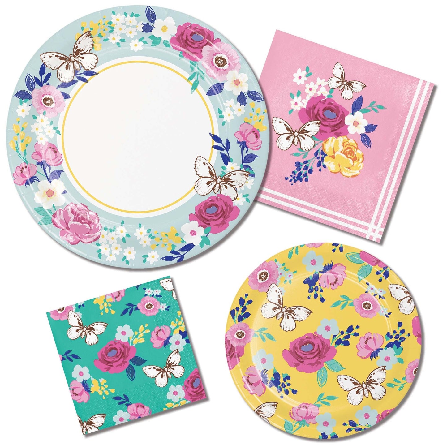 Floral and butterfly-patterned plates and napkins on a white background