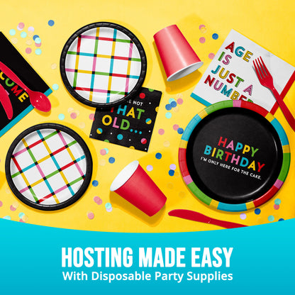 Colorful disposable party supplies on a yellow background with text 'Hosting Made Easy with Disposable Party Supplies'.