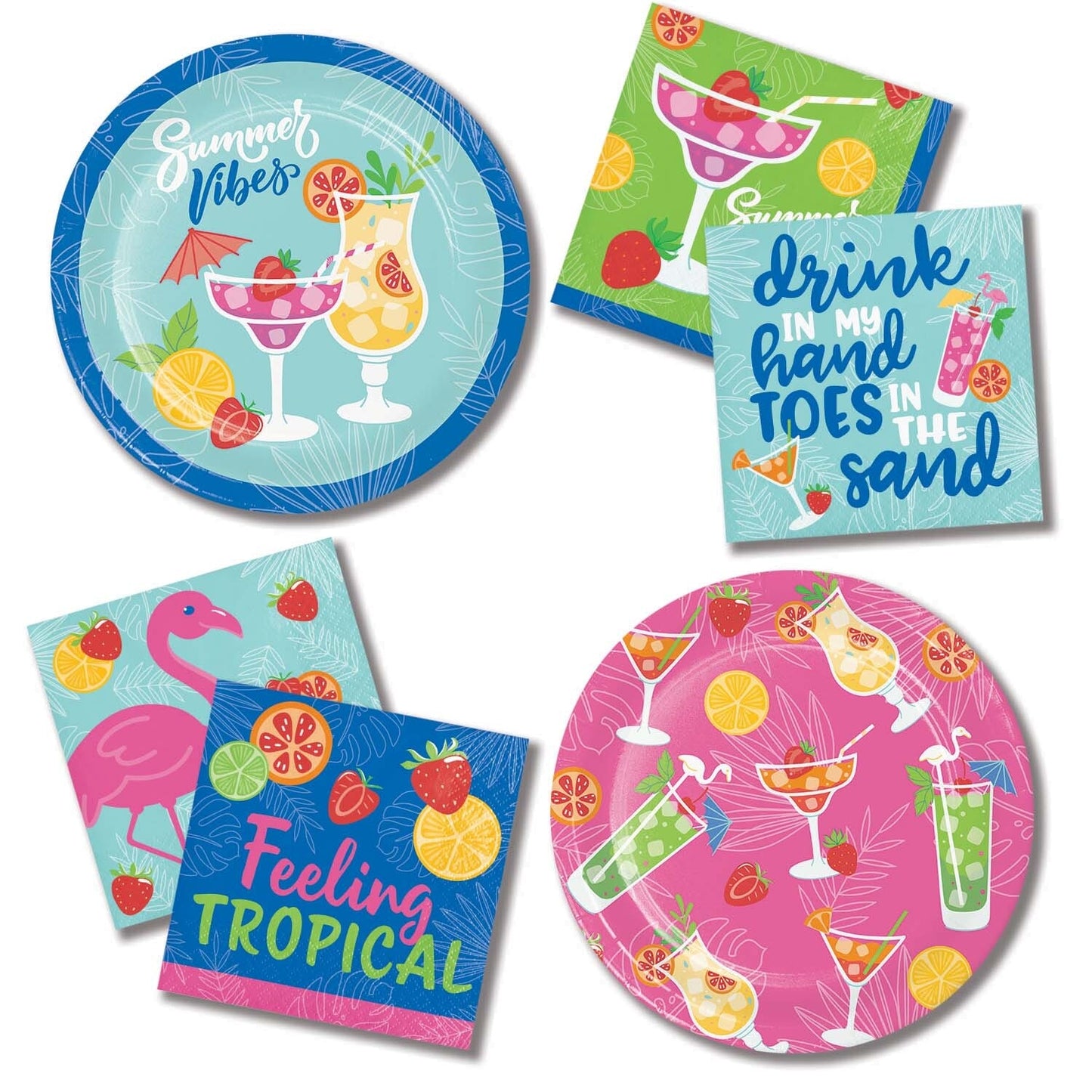 Set of tropical-themed paper plates and napkins with summer-themed text and graphics.