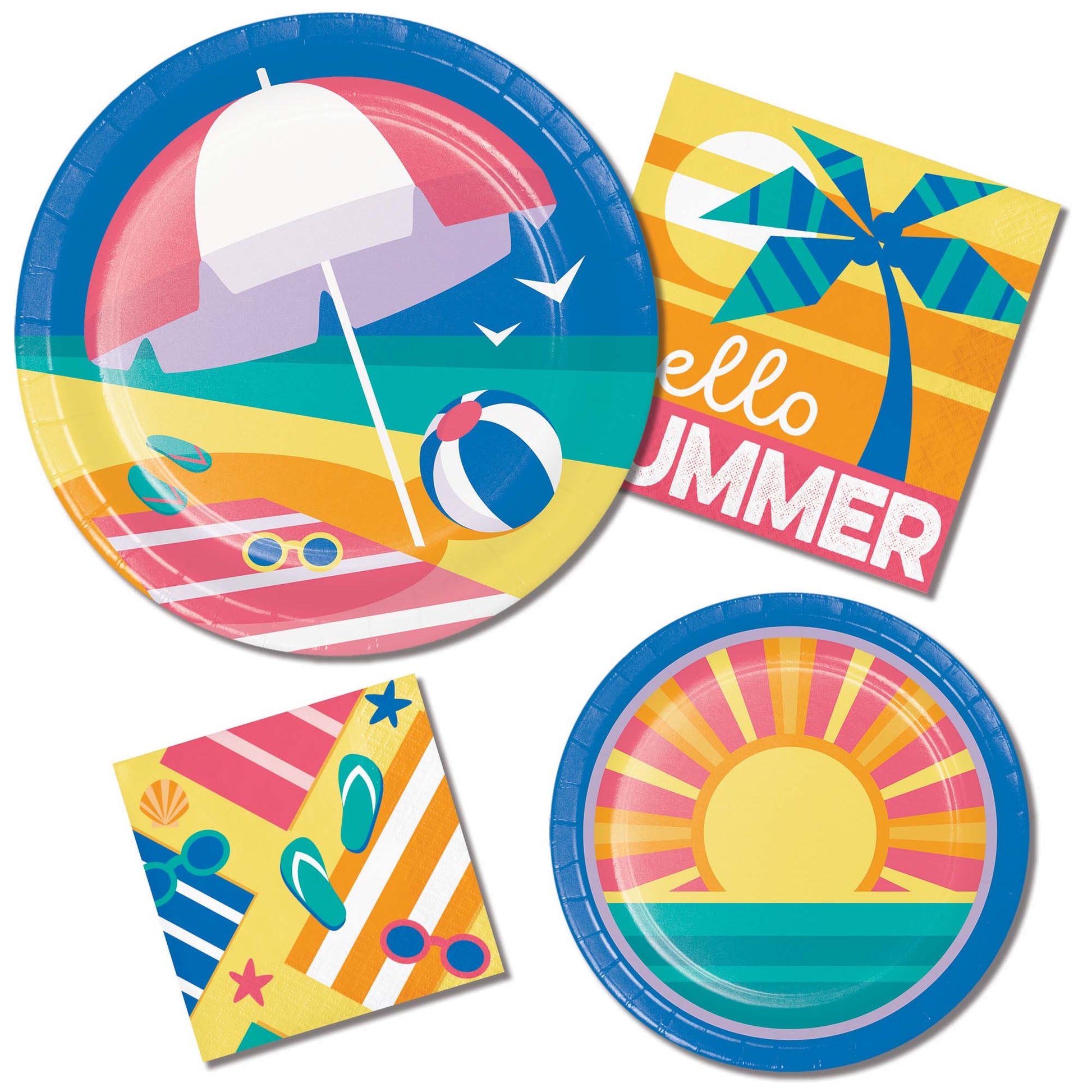 Colorful summer-themed paper plates and napkins with beach and sun designs.