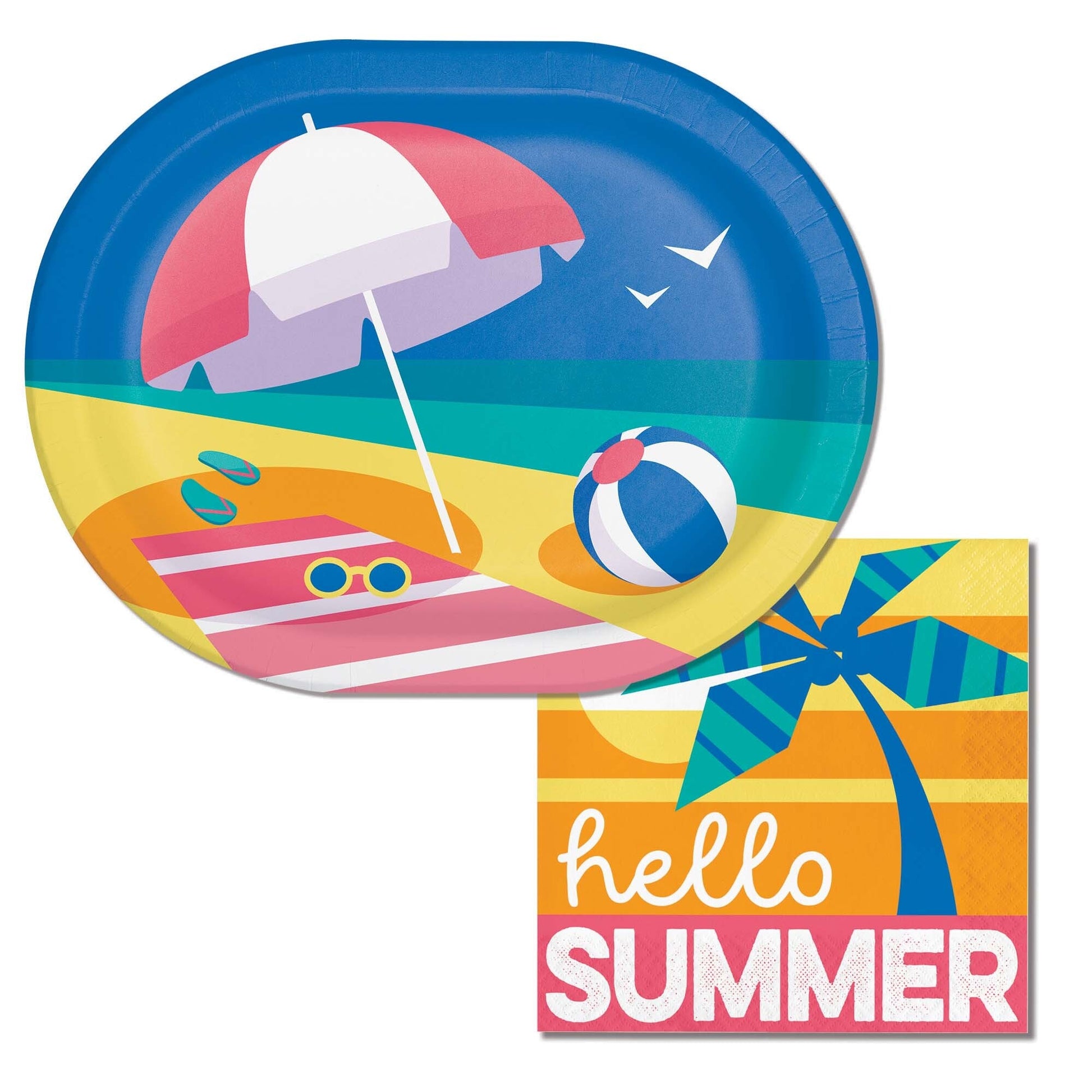 Colorful 'hello summer' oval paper plate and napkin set with beach theme